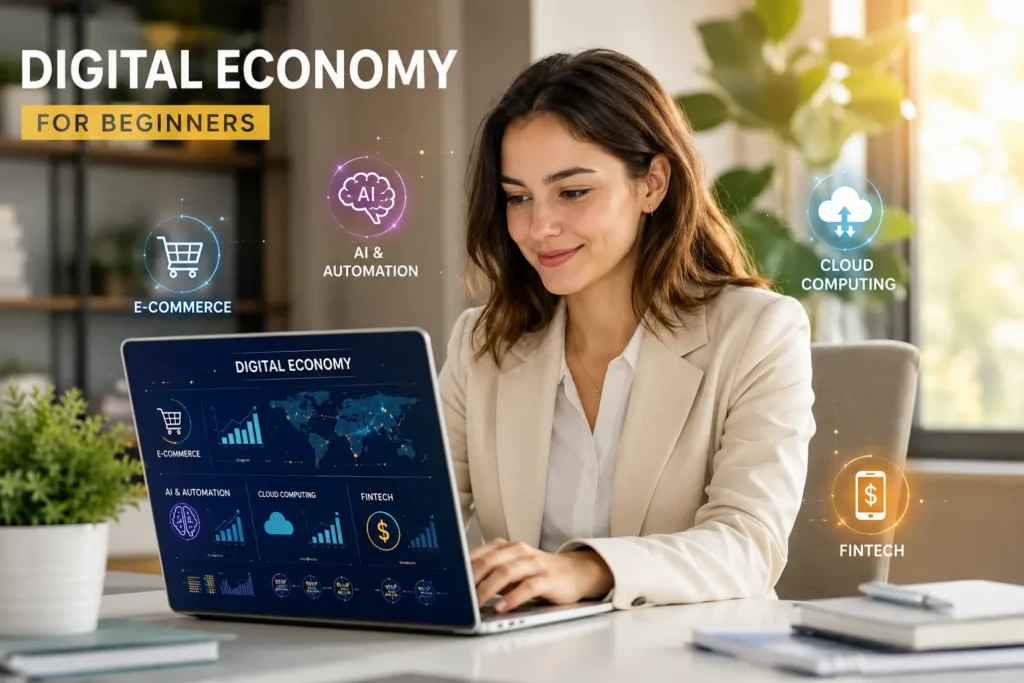 A young European woman working on a laptop with floating digital economy icons like e-commerce, AI, cloud computing, and fintech in a bright modern office. Horizontal blog cover image for digital economy beginner guide.